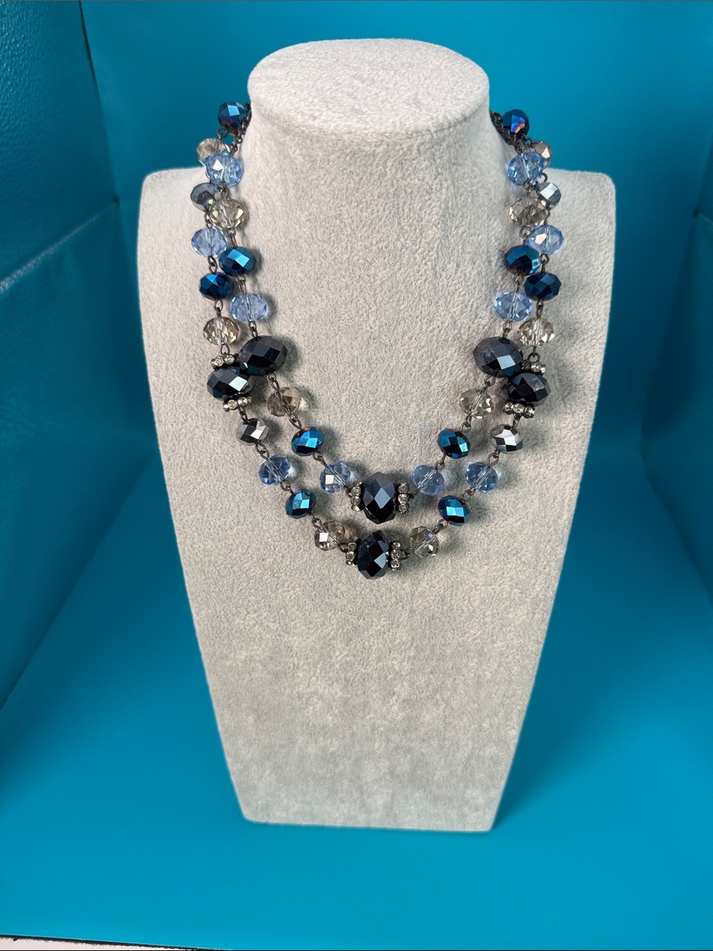 NWT Crown Trifari 3-Strand Blue Faceted Bead Statement Necklace